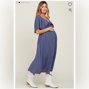 Pinkblush Navy Front Tie Ruffle Sleeve Maternity Midi Dress